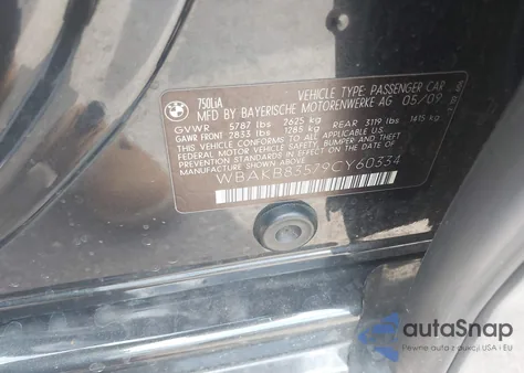 2009 BMW 750Li z USA, uszkodzony, nr VIN WBAKB83579CY60334